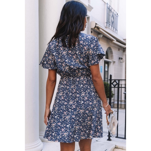 390 New BOUTIQUE Floral Print Tie Knot Ruffled Short Sleeve Mini Dress - Picture 3 of 10